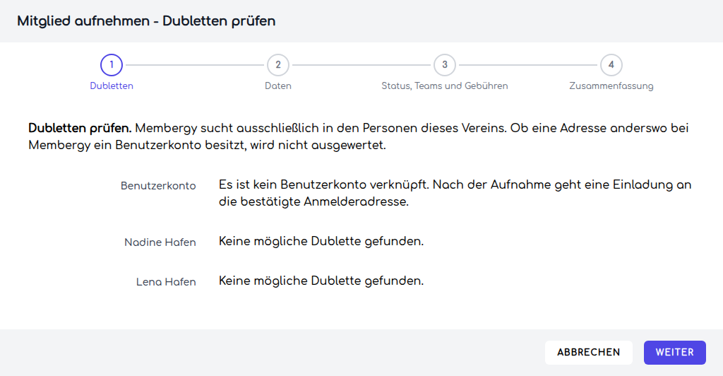 Dublettenprüfung für Sorgeberechtigte und Kind ohne Treffer