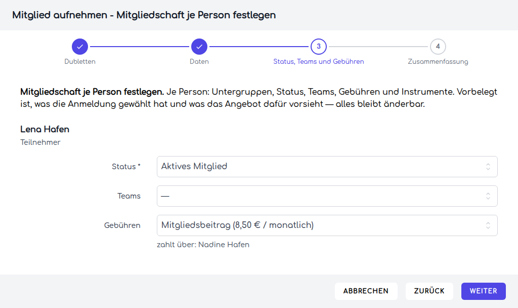 Vorgeschlagene Mitgliedschaft und Gebühr für das Kind mit der Sorgeberechtigten als Zahlerin
