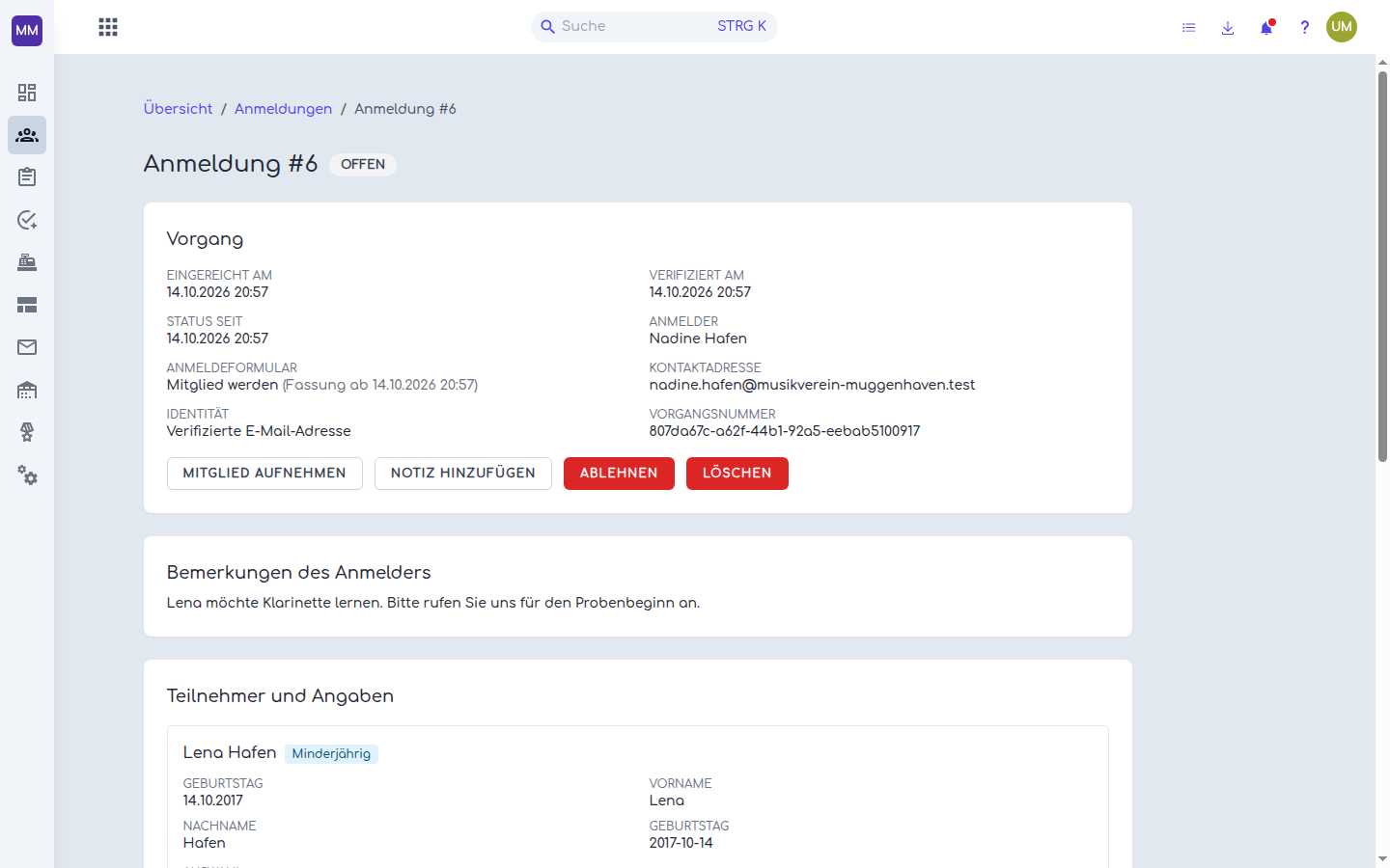 Offener verifizierter Demo-Vorgang mit Kontakt, Bemerkung und Kinderangaben