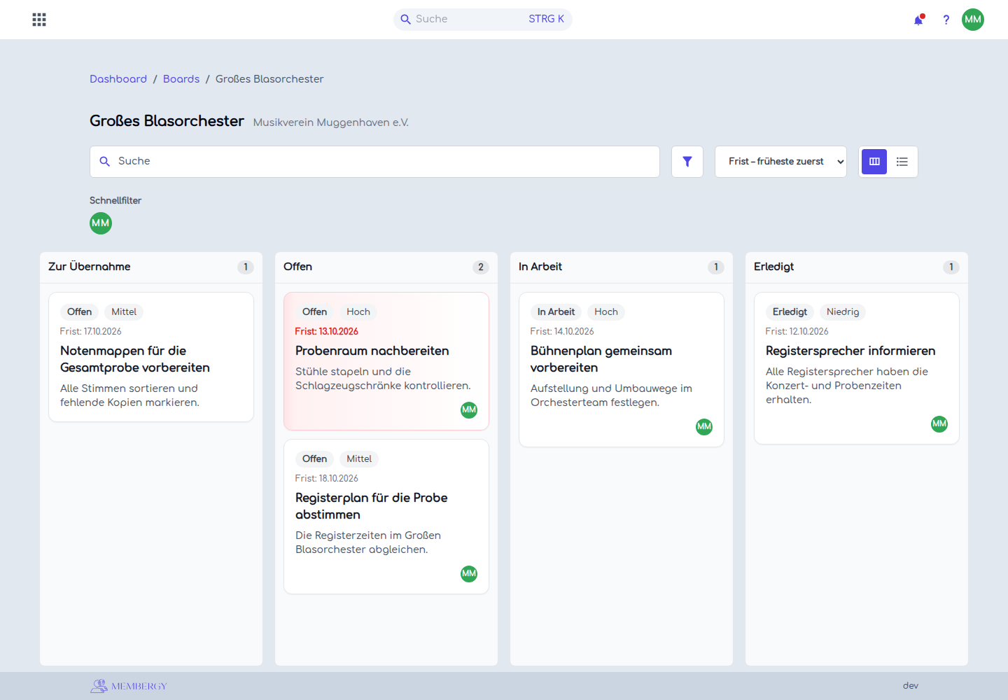 Das Teamboard Großes Blasorchester mit Angeboten und Statusspalten