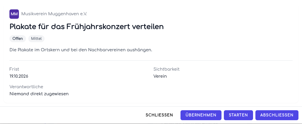 Schnellansicht einer veröffentlichten Aufgabe mit den erlaubten Übernahmeaktionen